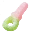Pink, white and green sugar-coated pacifier-shaped gummy