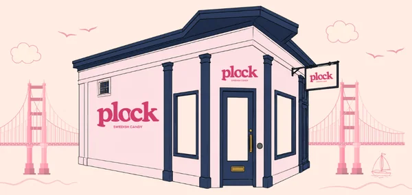 Illustration of the Plock Candy storefront on Fillmore Street with the Golden Gate Bridge behind it